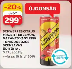 Auchan Schweppes Citrus Mix, Bitter Lemon, Narancs vagy Pink Tonik Dobozos Szénsavas Üdítőital ajánlat