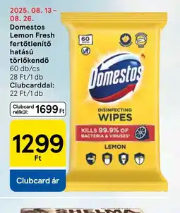 Tesco Domestos Lemon Fresh fertőtlenítő hatású törlőkendő ajánlat