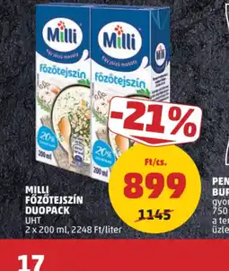 PENNY Milli Főzőtejszín Duopack ajánlat