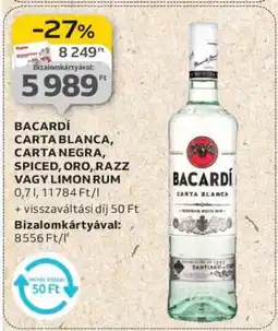 Auchan BACARDÍ CARTA BLANCA, CARTA NEGRA, SPICED, ORO, RAZZ VAGY LIMON RUM ajánlat
