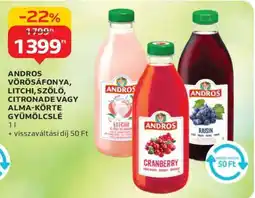 Auchan ANDROS VÖRÖSÁFONYA, LITCHI, SZŐLŐ, CITRONADE VAGY ALMA-KÖRTE GYÜMÖLCSLÉ ajánlat