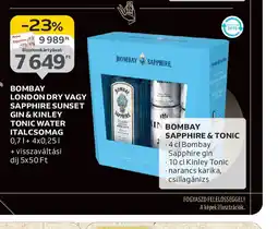 Auchan Bombay London Dry vagy Sapphire Sunset Gin FOGYASZD FELELŐSSÉGGEL! Kinley Tonic Water Italcsomag ajánlat