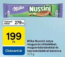 Tesco Milka Nussini ostya mogyorós töltelékkel, mogyoródarabokkal és tejcsokoládéval bevonva ajánlat