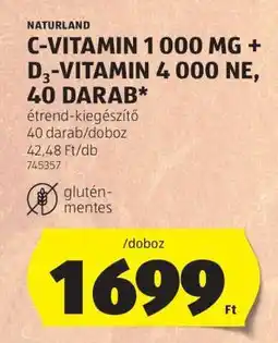 ALDI NATURLAND C-VITAMIN 1 000 MG + D3-VITAMIN 4 000 NE, 40 DARAB ajánlat