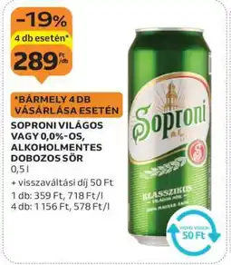 Auchan Soproni Világos vagy 0,0%-os, alkoholmentes dobozos sör ajánlat