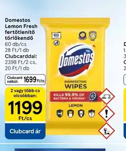 Tesco Domestos Lemon Fresh fertőtlenítő törlőkendő ajánlat