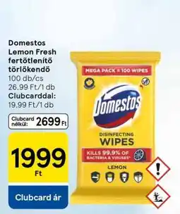 Tesco Domestos Lemon Fresh fertőtlenítő törlőkendő ajánlat