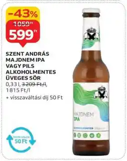 Auchan SZENT ANDRÁS MAJDNEM IPA VAGY PILS ALKOHOLMENTES ÜVEGES SÖR ajánlat