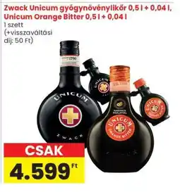 Spar Zwack Unicum gyógynövénylikőr 0,5 l + 0,04 l, Unicum Orange Bitter 0,5 l + 0,04 l ajánlat