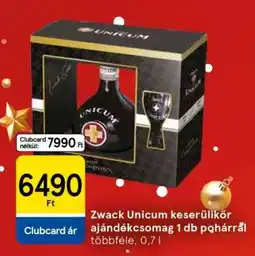 Tesco Zwack Unicum keserűlikőr ajándékcsomag 1 db pohárral ajánlat