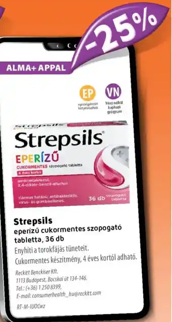 Alma Gyógyszertárak Strepsils eperízű cukormentes szopogató tabletta ajánlat
