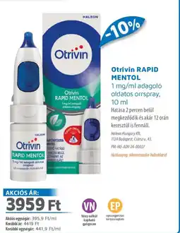 Alma Gyógyszertárak Otrivin RAPID MENTOL adagoló oldatos orspray ajánlat