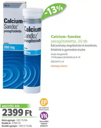 Alma Gyógyszertárak Calcium-Sandoz pezsgőtabletta ajánlat