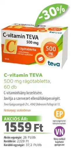 Alma Gyógyszertárak C-vitamin TEVA 500 mg rágótabletta ajánlat