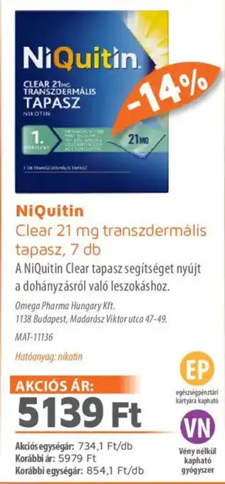 Alma Gyógyszertárak NiQuitin Clear transzdermális tapasz ajánlat