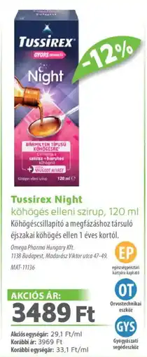 Alma Gyógyszertárak Tussirex Night köhögés elleni szirup ajánlat