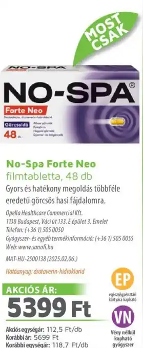 Alma Gyógyszertárak No-Spa Forte Neo filmtabletta ajánlat