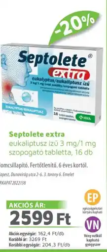 Alma Gyógyszertárak Septolete extra eukaliptusz ízű tabletta ajánlat