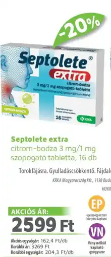 Alma Gyógyszertárak Septolete extra citrom-bodza ajánlat