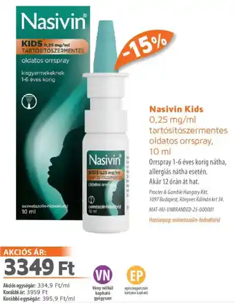 Alma Gyógyszertárak Nasivin Kids tartósítószermentes oldatos orrspray ajánlat