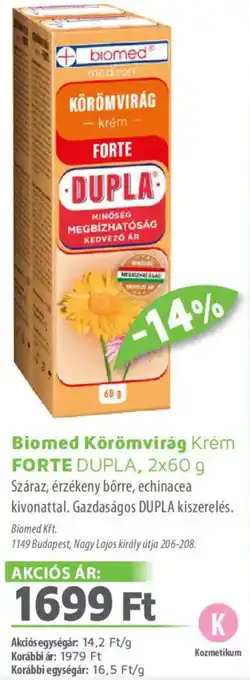 Alma Gyógyszertárak Biomed Körömvirág Krém FORTE DUPLA ajánlat