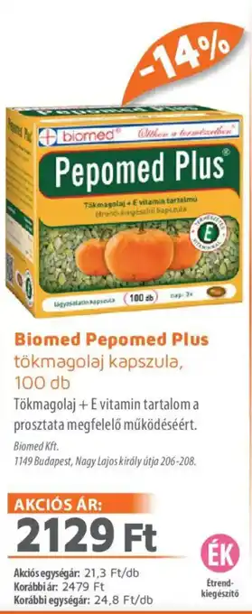 Alma Gyógyszertárak Biomed Pepomed Plus tökmagolaj kapszula ajánlat