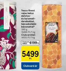 Tesco Tesco finest vajas keksz datolya- és karamell-darabokkal, tejcsokoládé-bevonattal ajánlat
