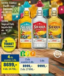 Metro SIERRA TEQUILA Blanco vagy, Reposado / SIERRA Tropical Chilli tequila likőr ajánlat