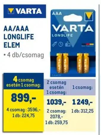 Metro Varta AA/AAA Longlife elem ajánlat