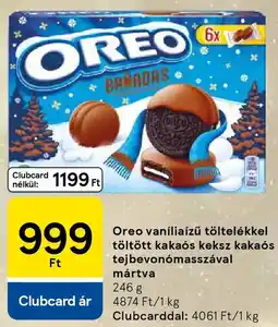 Tesco Oreo vanília ízű töltelékkel töltött kakaós keksz kakaós tejbevonómasszával mártva ajánlat