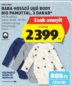 ALDI Lily & dan baba hosszú ujjú body bio pamuttal, 3 darab ajánlat