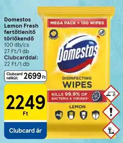 Tesco Domestos Lemon Fresh fertőtlenítő törlőkendő ajánlat