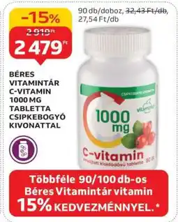 Auchan BÉRES VITAMINTÁR C-VITAMIN 1000 MG TABLETTA CSIPKEBOGYÓ KIVONATTAL ajánlat