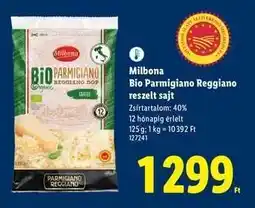 Lidl MILBONA Bio Parmigiano Reggiano reszelt sajt ajánlat