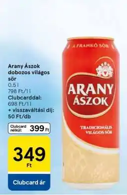 Tesco Arany Ászok dobozos világos sör ajánlat