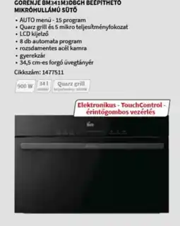 MediaMarkt GORENJE BM341M3DBGH BEÉPÍTHETŐ MIKROHULLÁMÚ SÜTŐ ajánlat