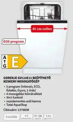 MediaMarkt GORENJE GV520E15 BEÉPÍTHETŐ KESKENY MOSOGATÓGÉP ajánlat