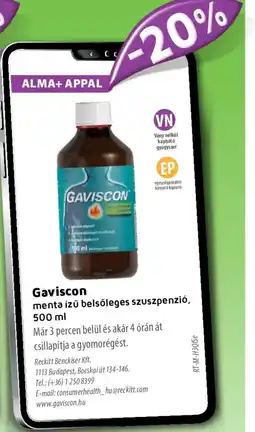 Alma Gyógyszertárak Gaviscon menta ízű belsőleges szuszpenzió ajánlat