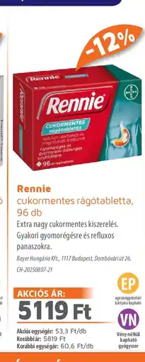 Alma Gyógyszertárak Rennie cukormentes CUKORMENTES rágótabletta ajánlat