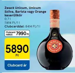 Tesco Zwack Unicum, Unicum Szilva, Barista vagy Orange keserűlikőr ajánlat