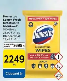 Tesco Domestos Lemon Fresh fertőtlenítő törlőkendő ajánlat