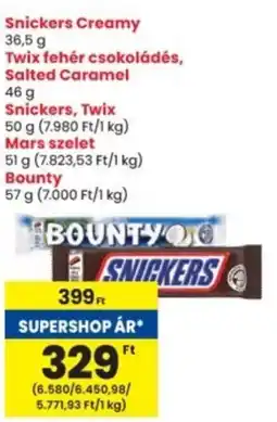 Interspar Snickers Creamy, Twix fehér csokoládés, Salted Caramel, Snickers, Twix, Mars szelet. Bounty ajánlat