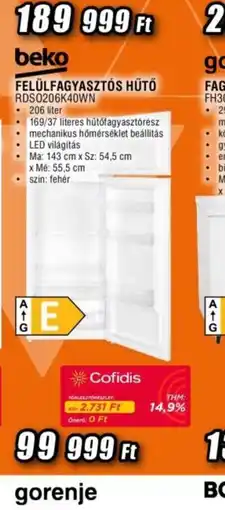 Expert beko FELÜLFAGYASZTS HŰTŐ RDS206K40WN ajánlat