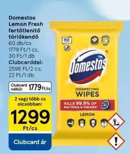 Tesco Domestos Lemon Fresh fertőtlenítő törlőkendő ajánlat