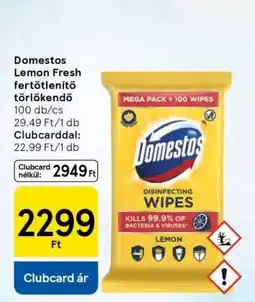 Tesco Domestos Lemon Fresh fertőtlenítő törlőkendő ajánlat