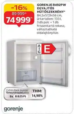 Auchan GORENJE R492PW EGYAJTÓS HŰTŐSZEKRÉNY ajánlat