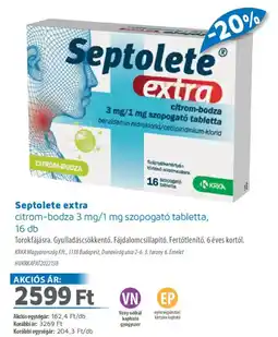 Alma Gyógyszertárak Septolete extra citrom-bodza szopogató tabletta ajánlat