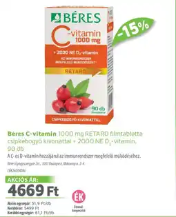 Alma Gyógyszertárak Béres C-vitamin 1000 mg RETARD filmtabletta csipkebogyó kivonattal + 2000 NE D-vitamin ajánlat