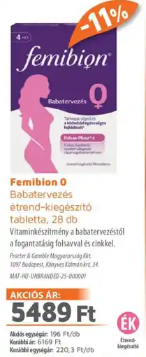 Alma Gyógyszertárak Femibion O Babatervezés étrend-kiegészítő tabletta ajánlat