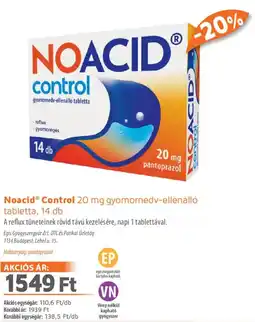 Alma Gyógyszertárak Noacid Control gyomornedv-ellenálló tabletta ajánlat